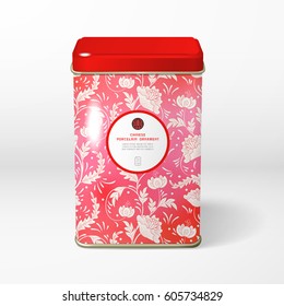 Vector object. Square tin packaging. Tea, coffee, dry products. Floral pattern. Imitation of chinese porcelain painting. Place for your text.