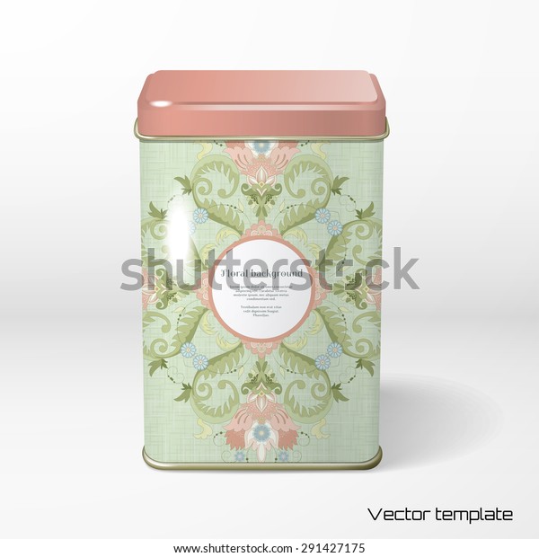 Vector object. Square tin packaging. Tea, coffee,\
dry products. Floral pattern. Delicate canvas texture. Frame for\
your text.