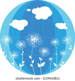 Vector object stylized globe. Shades of blue. Against the background of the globe, white clouds and dandelion flowers.