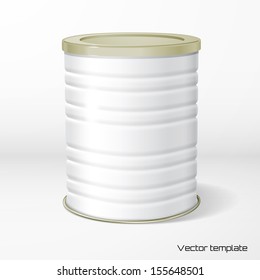 Vector object. White corrugated round tin packaging. Tea, coffee, dry products. Place your design. Realistic shadow.