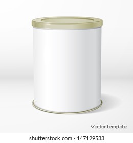 Vector object. White round tin packaging. Tea, coffee, dry products. Place your design.  Realistic shadow.