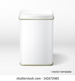 Vector Object. White Square Tin Packaging. Tea, Coffee, Dry Products. Place Your Design.