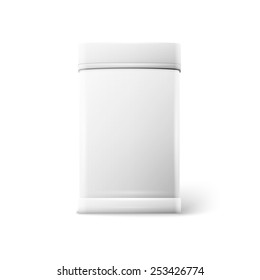 Vector object. White square tin packaging. Tea coffee dry products. Place your design.