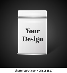 Vector object. White square tin packaging. Tea coffee dry products. Place your design.