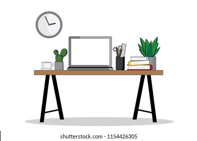 vector object workplace on the wood table. icon desk office on white background.
