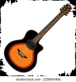 Vector  objects Acoustic guitar The sound of an acoustic guitar is produced from the vibrations of the strings flowing between the neck bone (nut) and the bridge (brigde) which is then amplified by th