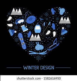 Vector objects for active winter framed in heart shape on black background. Cold season sport equipment composition. Card design with items for spending holidays in mountains and snowflakes