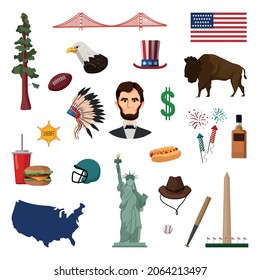 Vector objects associated with America. Illustrations of USA landmarks in modern flat style.