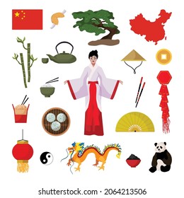 Vector objects associated with China. Illustrations of Chinese landmarks in modern flat style.