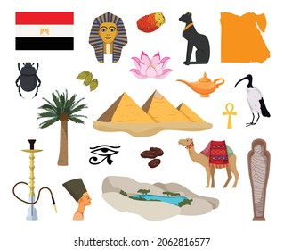 Vector objects associated with Egypt. Illustrations of egyptian landmarks in modern flat style.