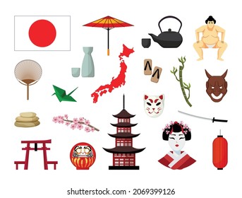 Vector objects associated with Japan. Illustrations of japanese landmarks in modern flat style.