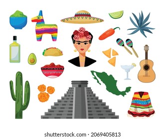 Vector objects associated with Mexico. Illustrations of Mexican landmarks in modern flat style.