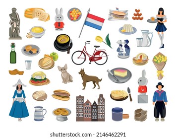 Vector objects associated with Netherlands. Illustrations of Amsterdam landmarks in modern flat style.