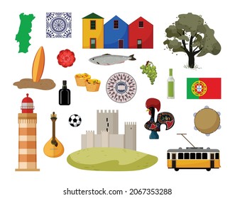 Vector objects associated with Portugal. Illustrations of Portugal landmarks in modern flat style.