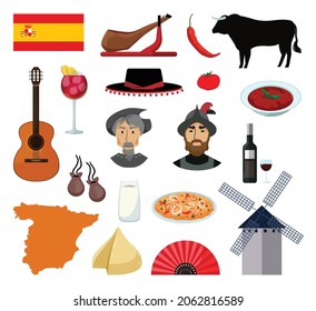 Vector objects associated with Spain. Illustrations of spanish landmarks in modern flat style.