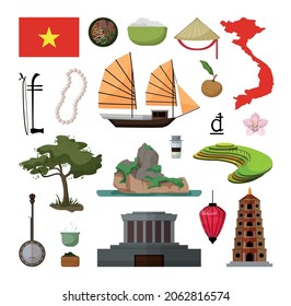 Vector objects associated with Vietnam. Illustrations of vietnamese landmarks in modern flat style.