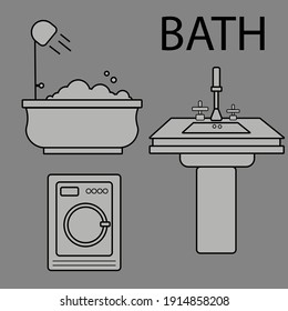 Vector objects bathroom furniture, object, minimal, minimalist, washing machine, room, shower, water, set, bathroom, bath, machine, clothes, washer, hand, holidays, face, gestures, tool, people, thin 