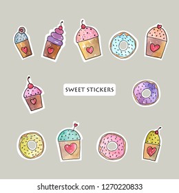 Vector objects. Cakes and donuts set. Stickers design. Summer colors.