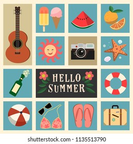 Vector objects clip art summer collection set. Hello summer banner.