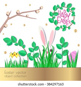 Vector objects Easter collection. "Happy Easter" inscription. All objects are grouped and editable. Paper cut out style vector illustrations.