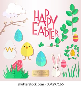 Vector objects Easter collection. "Happy Easter" inscription. All objects are grouped and editable. Paper cut out style vector illustrations.