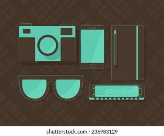 Vector objects in hipster style, retro camera, sunglasses, phone, notebook, and harmonica 