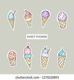 Vector objects. Ice cream set. Stickers design. Summer colors.
