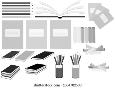 
vector objects, icons, icons, colored pencils in the organizer, a glass. notebooks, chalk, books, diary, diary, notebook