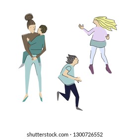 Vector objects. Mother and children. Women with a child on her arms.