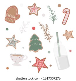 Vector. Objects on a white background. Gingerbread cookie, cup of tea, milk in a bottle with a straw, fir branches, confetti.