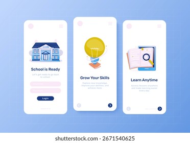 Vector Objects of School Building, Bulb, and Digital Book for Education App Onboarding Screen Template