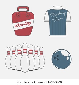 Vector Objects Set for a Bowling Team. Collection of graphic colorful Design Elements, Labels and Badges on Sport Theme