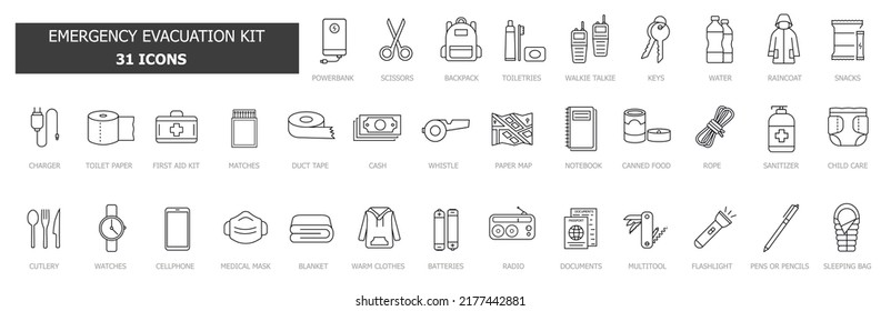 Vector Objects Set On White Background Of Survival Emergency Kit For Evacuation Or Disasters. Flat Icon Collection Pack. Simple Vector Icons