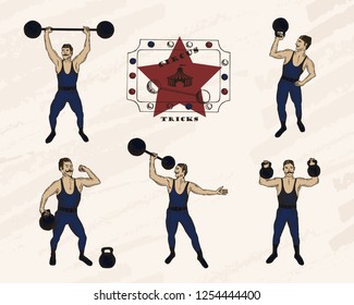 Vector objects set. Strongmen with mustache . Retro circus performance. Color pen style drawing.