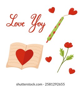 Vector objects for Valentine's Day. Color image of a postcard with a pen and a flower with hearts. Declaration of love. Festive elements isolated on a white background