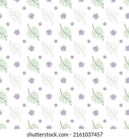 Hoja verde oblicua vectorial con pequeña flor morada sin soldadura aislada sobre un fondo blanco. Imprimir para ropa de cama. impresión de tendencia para textiles y papel de pared