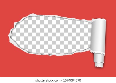 Vector oblong snatched hole from left to right in red sheet of paper with paper curl and transparent background in resulting window. Paper mock up.