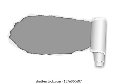 Vector oblong snatched hole from left to right in white sheet of paper with paper curl and gray background in resulting window. Paper mock up.