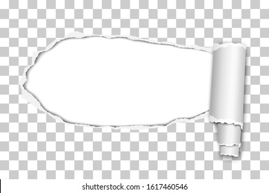 Vector oblong snatched hole from left to right in transparent sheet of paper with paper curl. Paper mock up.