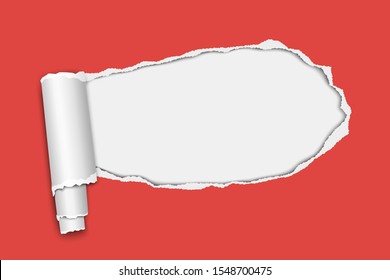 Vector oblong snatched hole in red sheet of paper with paper curl and white background in resulting window. Paper mock up.