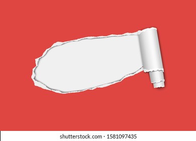 Vector oblong snatched hole in red sheet of paper with paper curl and white background in resulting window. Paper template.