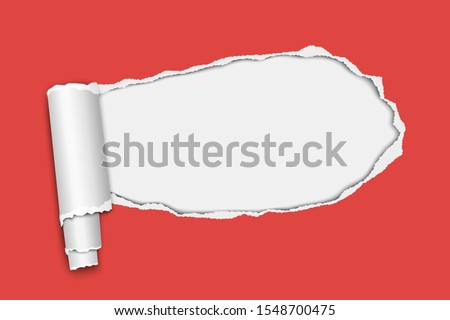 Vector oblong snatched hole in red sheet of paper with paper curl and white background in resulting window. Paper mock up.