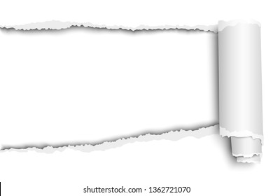 Vector oblong snatched hole in white sheet of paper from left side to right side with paper curl and soft shadow. Paper template design.