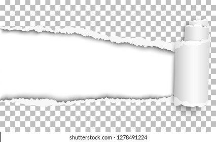 Vector oblong torn hole from left to right in transparent sheet of paper with shadow and paper curl. White resulting background. Paper template design.