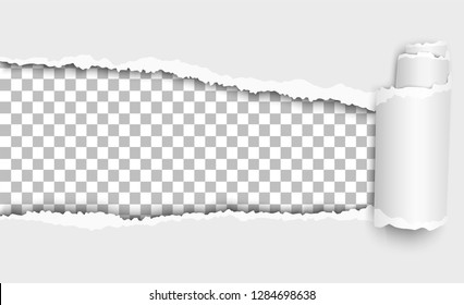 Vector oblong torn hole from left to right in white sheet of paper with shadow and paper curl. Transparent resulting background. Template paper design.