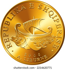 vector Obverse of Albanian money 20 lek gold coin with Liburne ship