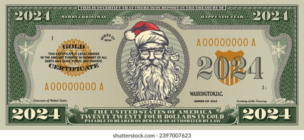 Vektorobverse der Banknote 2024 US-Dollar. Porträt eines strengen Weihnachtsmannes mit einem großen Bart. Frohe Weihnachten und glückliches neues Jahr. Urlaubgold-Zertifikat. Rahmen mit Guilloche-Muster