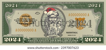 Vector obverse of banknote of denomination 2024 US dollars. Portrait of a stern Santa Claus with a big beard. Merry Christmas and Happy New Year. Holiday gold certificate. Frame with guilloche pattern