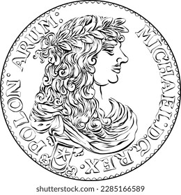 vector obverse of crown zloty by Michal Korybut Wisniowiecki, 1671 with king in laurel wreath, Black and white