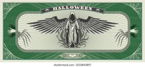 Vector obverse of festive flyer or ticket. Halloween. Dark angel of death without face and with spread wings. Scary hands, spiders and web. Frame with guilloche grid.